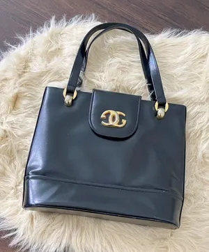 Vintage Black Leather Gold Clasp Interlocking CC Top Handle Satchel Bag Nancy's thumbnail 1