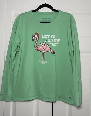 Life is Good Crusher Flamingo Womens Green Christmas Cotton Size XL Coastal thumbnail 1