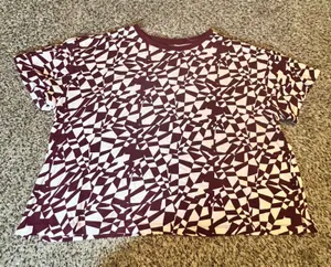 Ava & Viv Womens 1X Burgundy White Geometric Abstract Boxy Short‎ Sleeve T-Shirt thumbnail 1