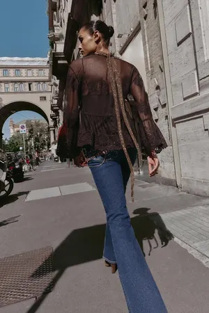 ZARA Sheer Brown Lace-Trim Peasant Bohemian Flared Sleeve Blouse Top thumbnail 5