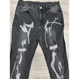 SheIn Womens Distressed Jeans Size L Graphic Print Black 28x29 High‎ Rise Straight Leg thumbnail 7