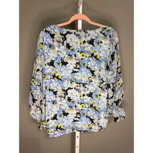Vince Camuto Floral V-Neck Chiffon Blouse M NWOT Blue Purple Print‎ Whimsical thumbnail 9