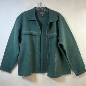 Woolrich Womens XL‎ Mallard Green 100% Wool Fringed Button Front Jacket Western thumbnail 2