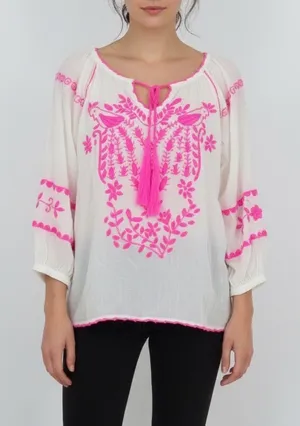 White Boho Embroidered Tassel Tie Neck Tunic Top Pink Birds thumbnail 1