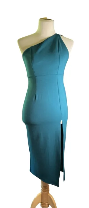Hello Molly Teal One Shoulder Sheath Midi Dress Side Slit Sleeveless XS thumbnail 1