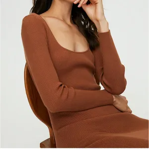 Aritzia‎ Wilfred Maeve Midi Bodycon Dress Size Large Brown Scoop Neck thumbnail 4