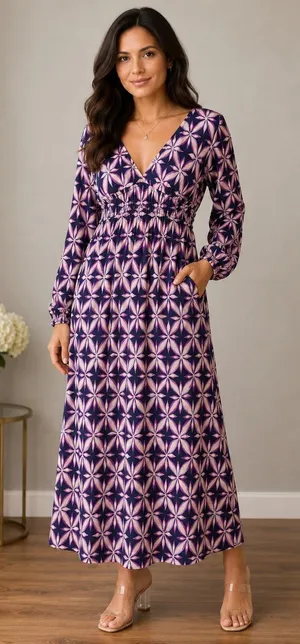 Electric & Rose Purple Geometric Floral V-Neck Smocked Maxi Dress Pockets L thumbnail 1