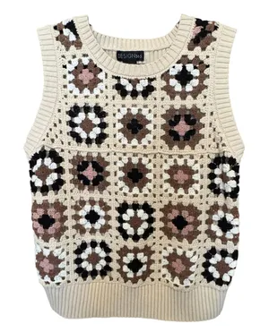 Crochet Granny Square Floral Sweater Vest M Neutral Cottagecore Grannycore Layer thumbnail 1