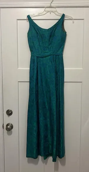 Vintage 1950's Original blue green brocade form fitted long gown Costume Theater thumbnail 1