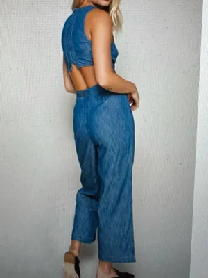 Free People Moonlight Mile Chambray Jumper Jumpsuit Denim Open Back thumbnail 12