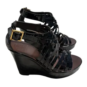 Tory Burch Annamarte Platform Wedge Sandals Size 6.5 Black Patent Leather Gold thumbnail 1