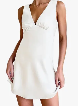 Summer Satin V Neck Sleeveless Backless Tie Waist Silky Cocktail Club Party Mini thumbnail 1