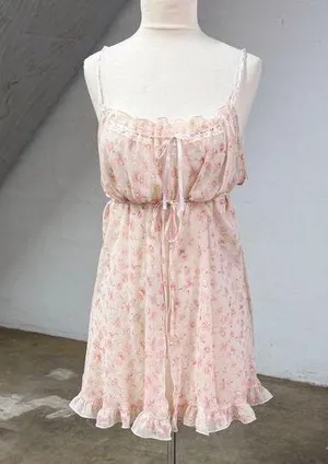 Vintage y2k coquette floral fairycore lace babydoll chiffon slip dress thumbnail 1
