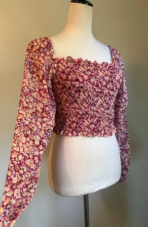 Japna Floral Smocked Crop Top Long Sleeve Ruffle boho whimsigoth M NWT cottage thumbnail 1