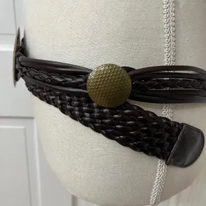 Braided Brass Medallion Belt XL Brown Boho Western Festival Faux Leather VTG thumbnail 4