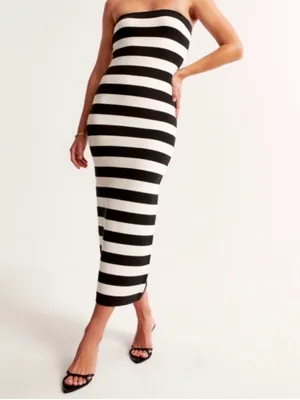Abercrombie & Fitch Black and White Cream Strapless Striped Midi Dress Knit thumbnail 3