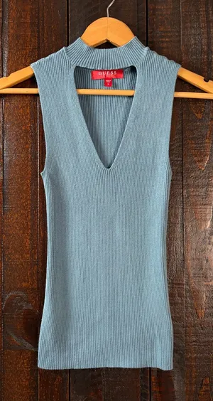 GUESS Ribbed Sleeveless V-cutout Sweater Top in Dusty Teal thumbnail 1