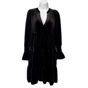 Pomander Place Black Velvet ‘Kenzo’ V Neck Tiered Long Sleeve Dress, Size XL thumbnail 5
