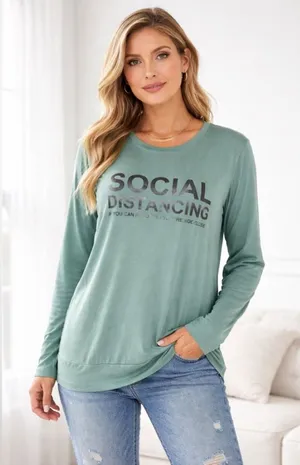 Boutique Green "Social Distancing" Graphic Long Sleeve Top NWOT Women’s XL thumbnail 1