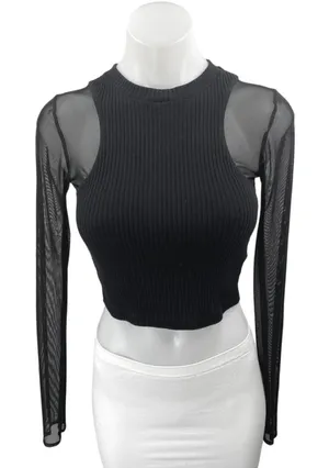 Zara Black Ribbed Knit Mesh Sheer Long Sleeve High Neck Slim Crop Shirt Top Sz S thumbnail 1