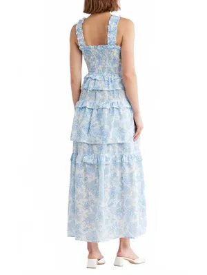 Maisie 100% Cotton Floral Smocked Ruffle Cotton Maxi Dress NWT Blue White XS thumbnail 2