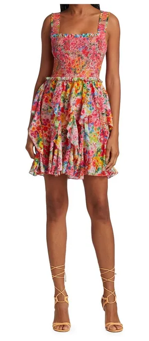 NEW Alice + Olivia Jocelyn Mini Dress Garden Floral Pink Ruffle thumbnail 1