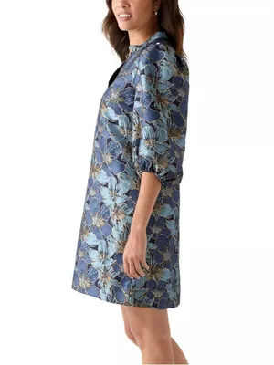 Crown & Ivy Jacquard Floral Metallic 3/4 Puff Sleeve Dress Blue Gold thumbnail 6