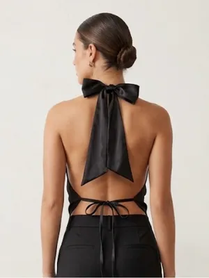 SHEIN Black Satin Backless Halter I Dress with Bow Ti M thumbnail 2