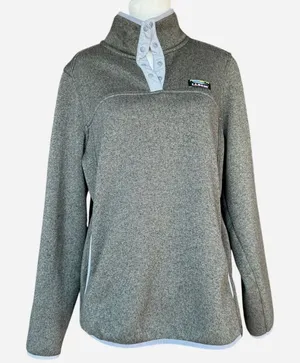 LL Bean Fleece Green Pocket High Snap Collar Pullover Sz L‎ Size L thumbnail 1
