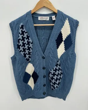 Hand Knits Blue Argyle Cable Knit Button Front Sweater Vest M Coastal Sailor thumbnail 1