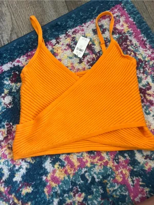 NWT aerie Orange Ribbed faux Wrap Front Cami Top thumbnail 3