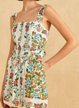 Farm Rio Tropical Romance Romper Medium White Floral Linen Cottagecore Summer thumbnail 1