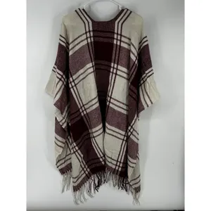Banana Republic‎ Wrap Kimono Blanket Cashmere Blend Plaid Red Fringe Wine New thumbnail 3