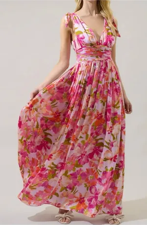 Sugarlips Pink Floral V-Neck Tie-Shoulder Maxi Dress thumbnail 1