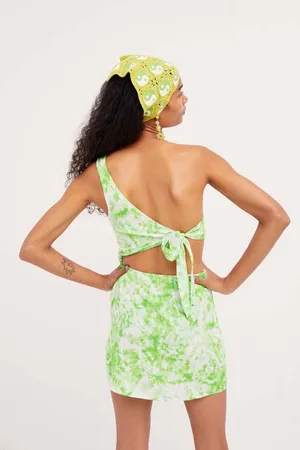 For Love & Lemons Devon Mini Dress in a vibrant green and white tie-dye print thumbnail 2