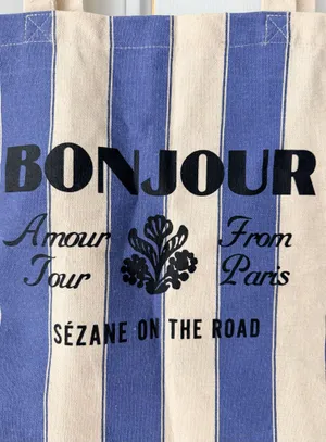 Sézane Blue Stripe Bonjour Amour Tour From Paris Canvas Tote thumbnail 4