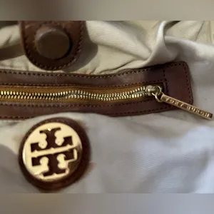 Tory Burch Shoulder Bag Canvas Leather Gold Logo Handbag Ladies Natural/Brown thumbnail 7