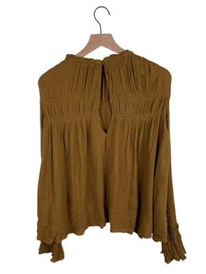 Free People Kelsey Top Size Large Ginger Snap Bell Sleeve Pleated Ruffle Boho thumbnail 5