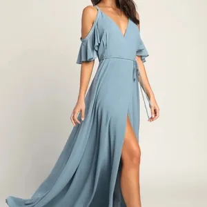 NWT Lulu's Easy Listening Slate Blue Cold-Shoulder Wrap Maxi Dress thumbnail 2