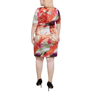NWT Ny Collection Plus Size Elbow Sleeve Side Pleat Dress Flower Rays Pink 1X thumbnail 4