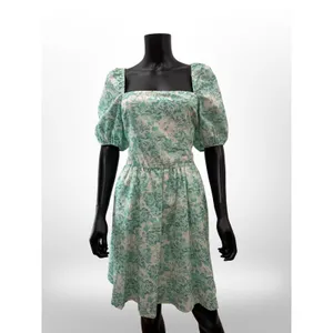 Shabby Chic XL Green Floral Cotton Midi Dress Puff Sleeve Open Back Bow Cottagec thumbnail 2