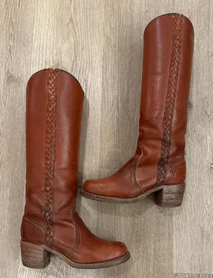 Frye Vintage Braided Sabrina Amber Brown Knee High Tall Boot Women's size 6 thumbnail 1