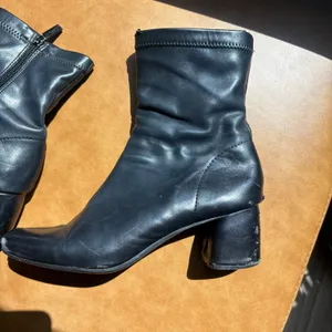 Black Square Toe Block Heel Ankle Boots Side Zip Sock Booties Size 39 thumbnail 2
