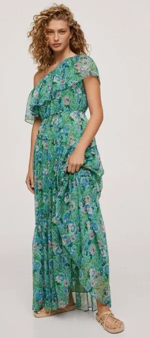 Mango Ruffle One-Shoulder Frill Hem‎ Floral Print Maxi Dress Green Size 2 thumbnail 1