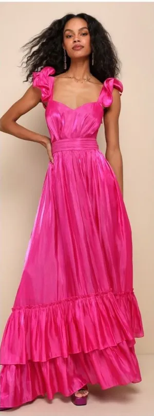 Lulus Pristine Glow Magenta Pink Ruffled Tie-Back Maxi Dress Size Small Formal thumbnail 1
