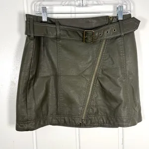 Free People Vegan Leather Moto Mini Skirt Y2K Boho Edgy Rocker Olive thumbnail 2