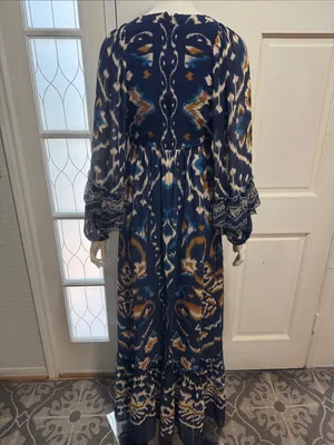 FARM Rio Pineapple Blue Ikat Maxi Dress Boho Long Sleeve Altered Length Small thumbnail 10