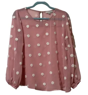 Elegant Sheer Blouse with White Polka‎ Dots Pink Size L thumbnail 1