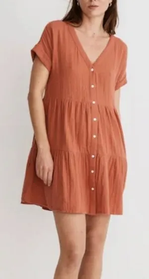 Madewell Lightspun Tiered Mini Dress Womens M Rust Gauze Button Front Cotton thumbnail 1