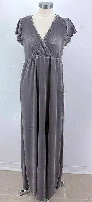 Baltic Born Maxi Dress Grey Micro Pleated V-Neck Short Sleeve XXXL thumbnail 1